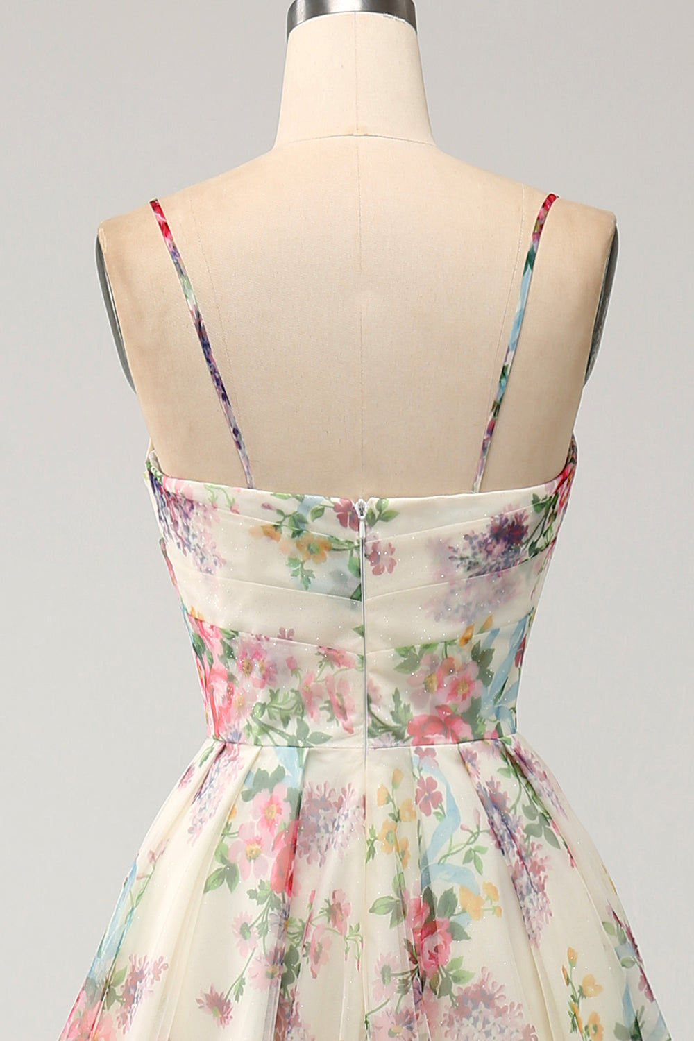Robe de bal évasée fendue ivoire à imprimé floral