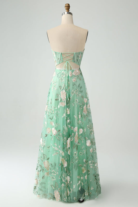 Robe de bal bustier fendue imprimée en forme de A verte avec décolleté en cœur