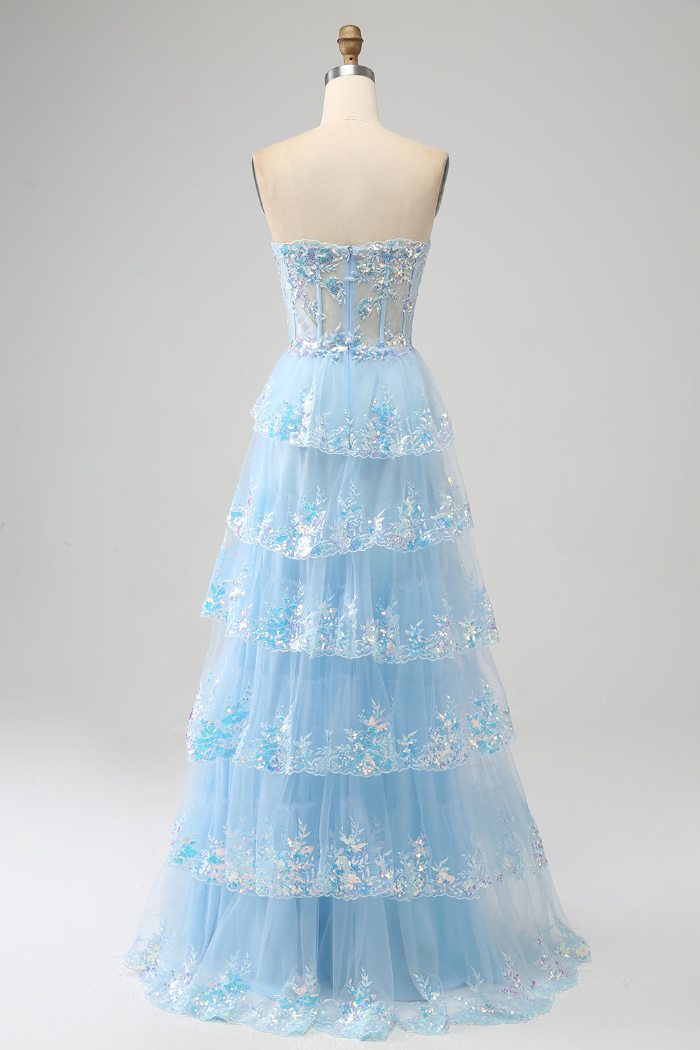 Robe de bal bustier en tulle étagée lavande avec appliqués