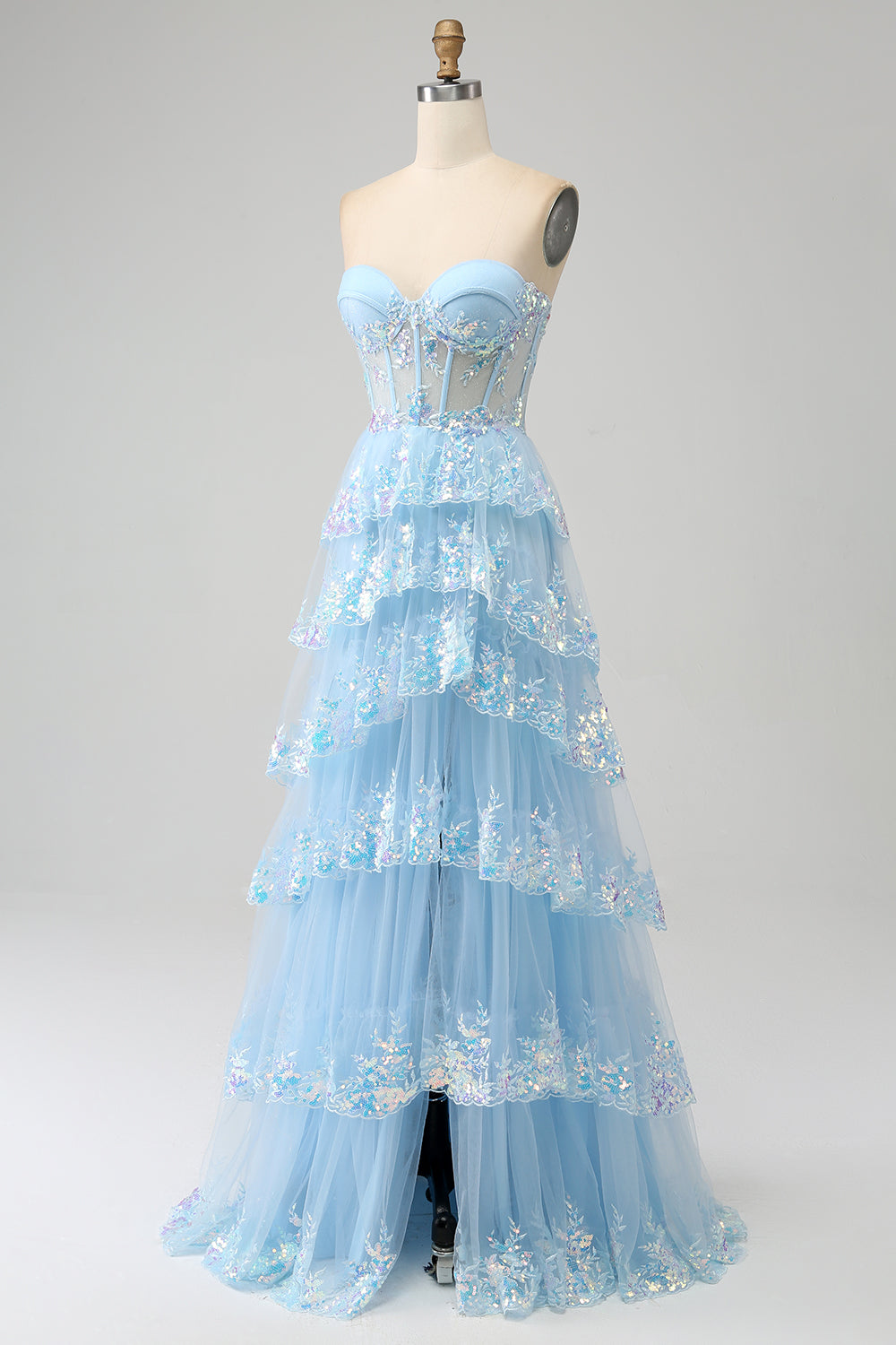 Robe de bal bustier en tulle étagée lavande avec appliqués