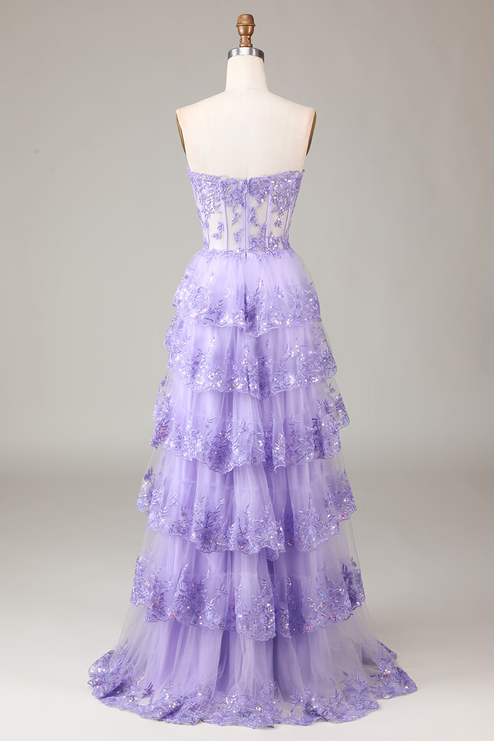 Robe de bal bustier en tulle étagée lavande avec appliqués