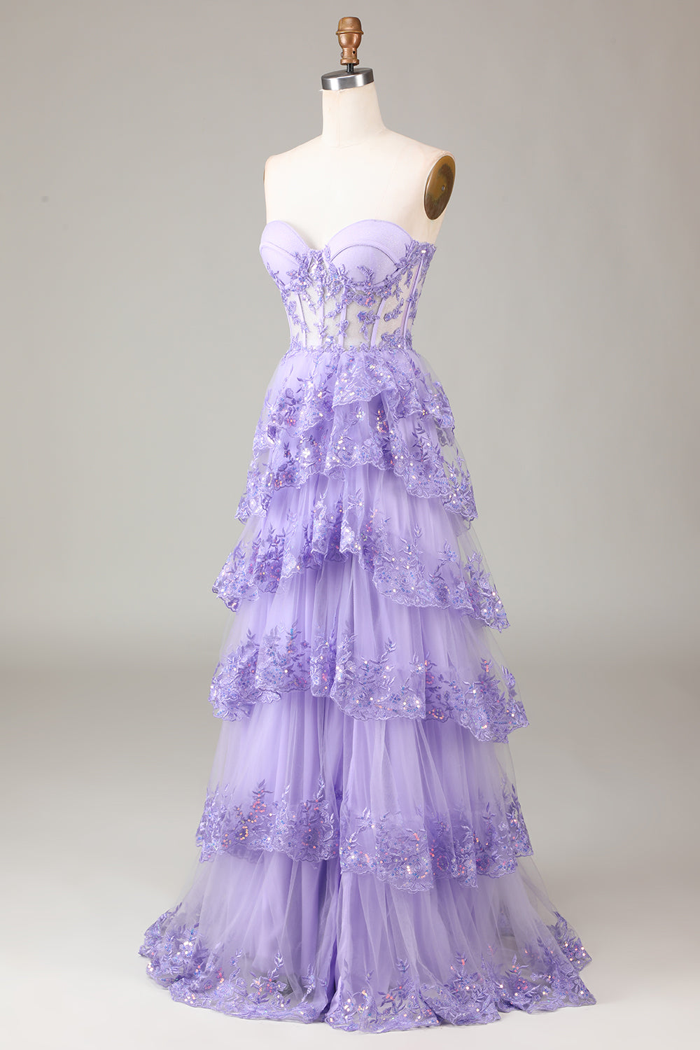 Robe de bal bustier en tulle étagée lavande avec appliqués
