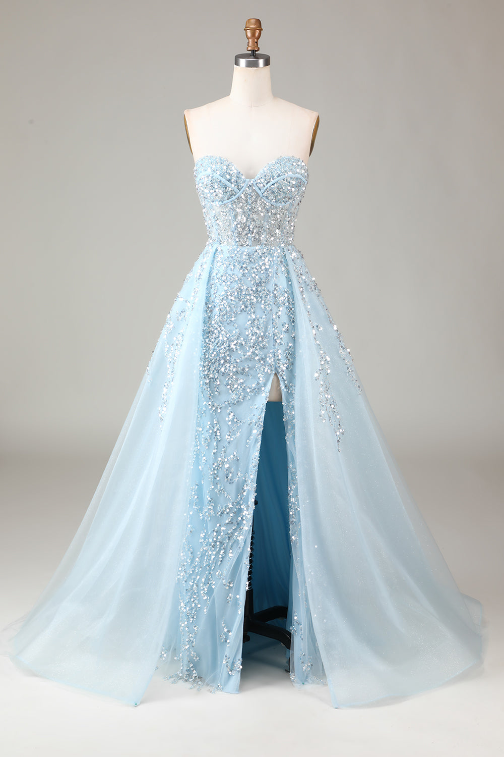 Robe de bal bustier bleue trapèze avec fente