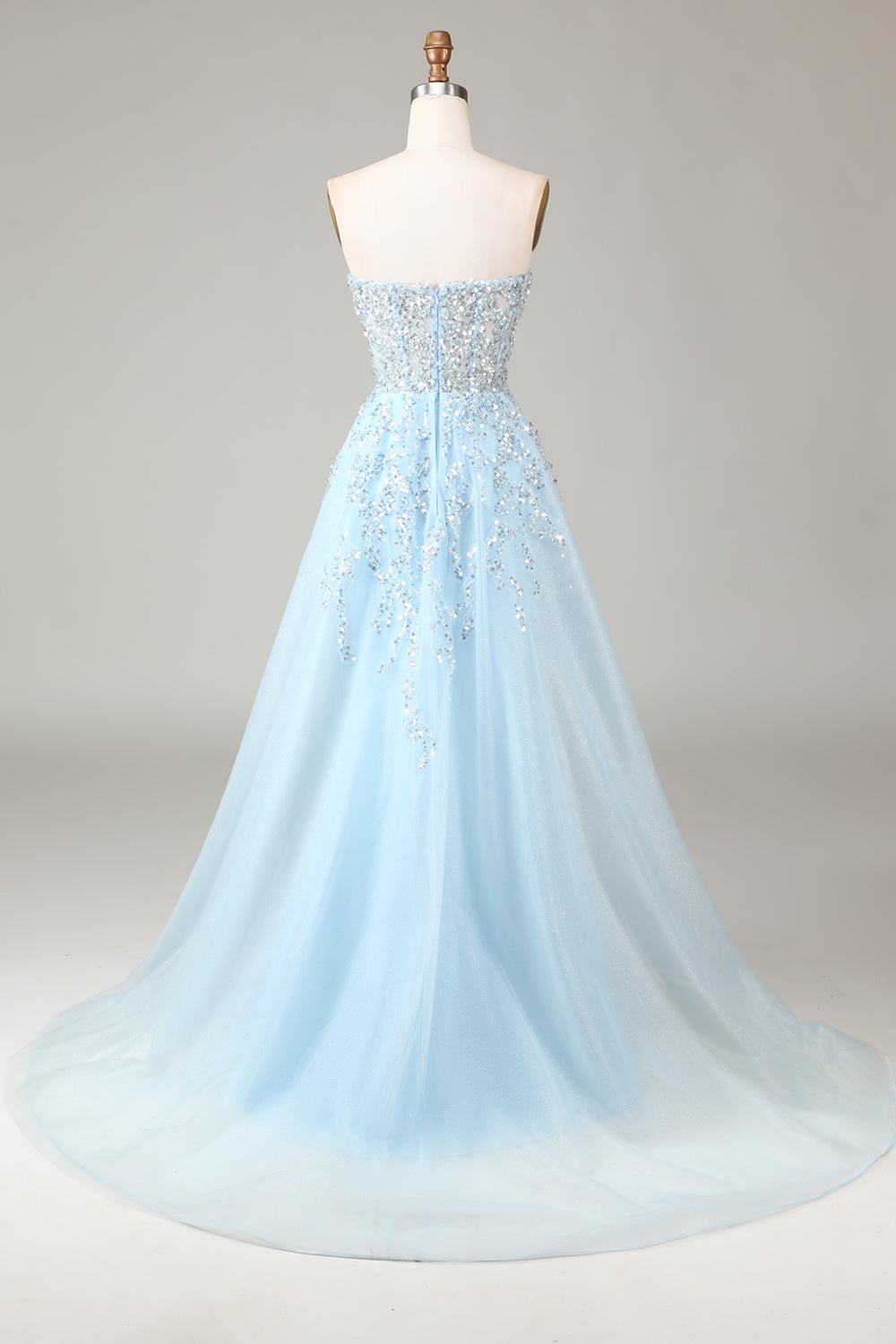 Robe de bal bustier bleue trapèze avec fente