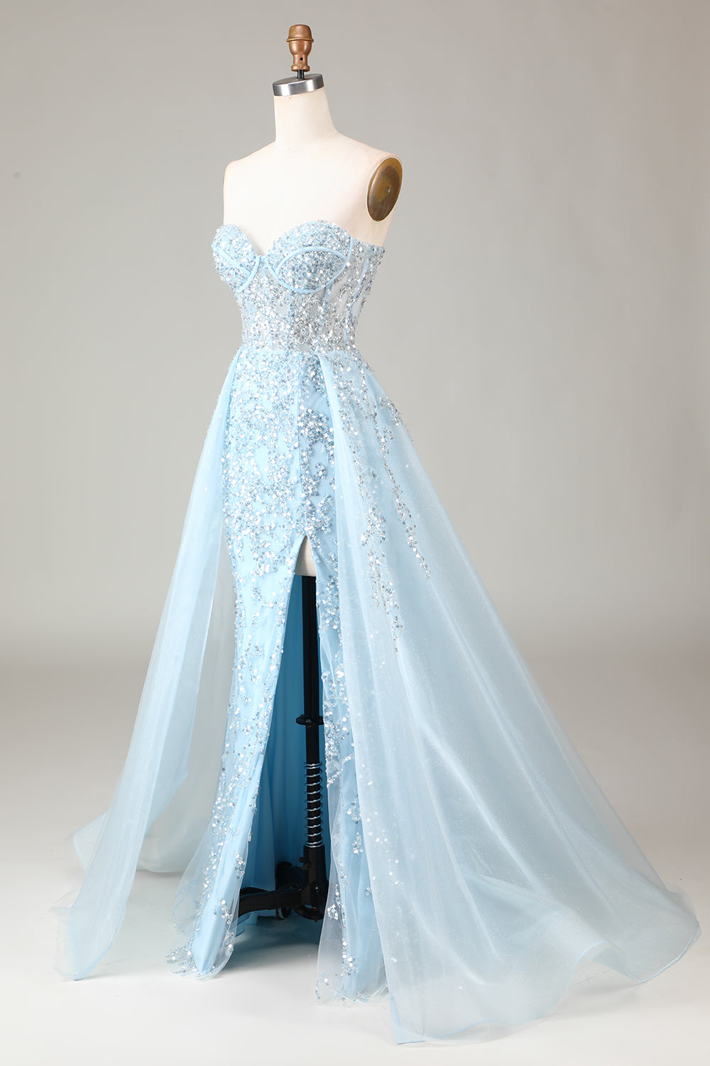 Robe de bal bustier bleue trapèze avec fente