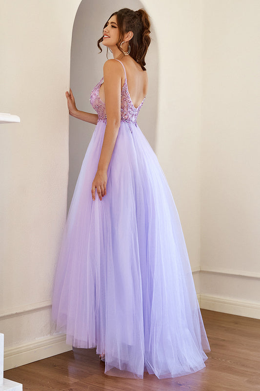 Purple Beaded Tulle Prom Dress