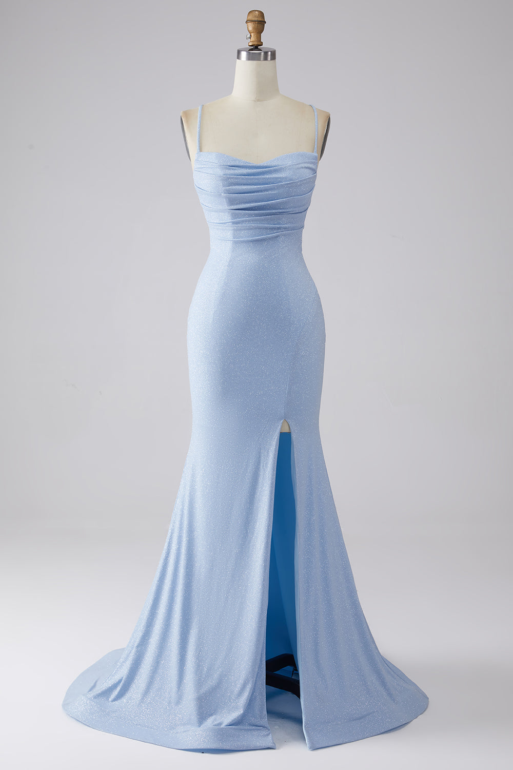 Robe de bal sirène fendue bleu clair à paillettes