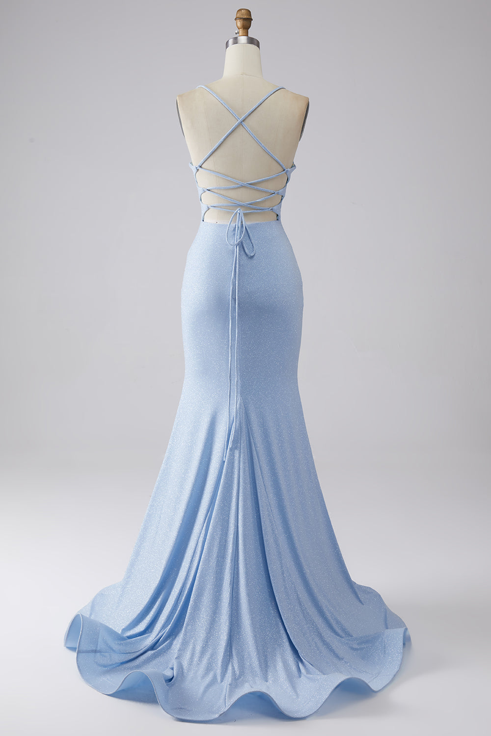 Robe de bal sirène fendue bleu clair à paillettes