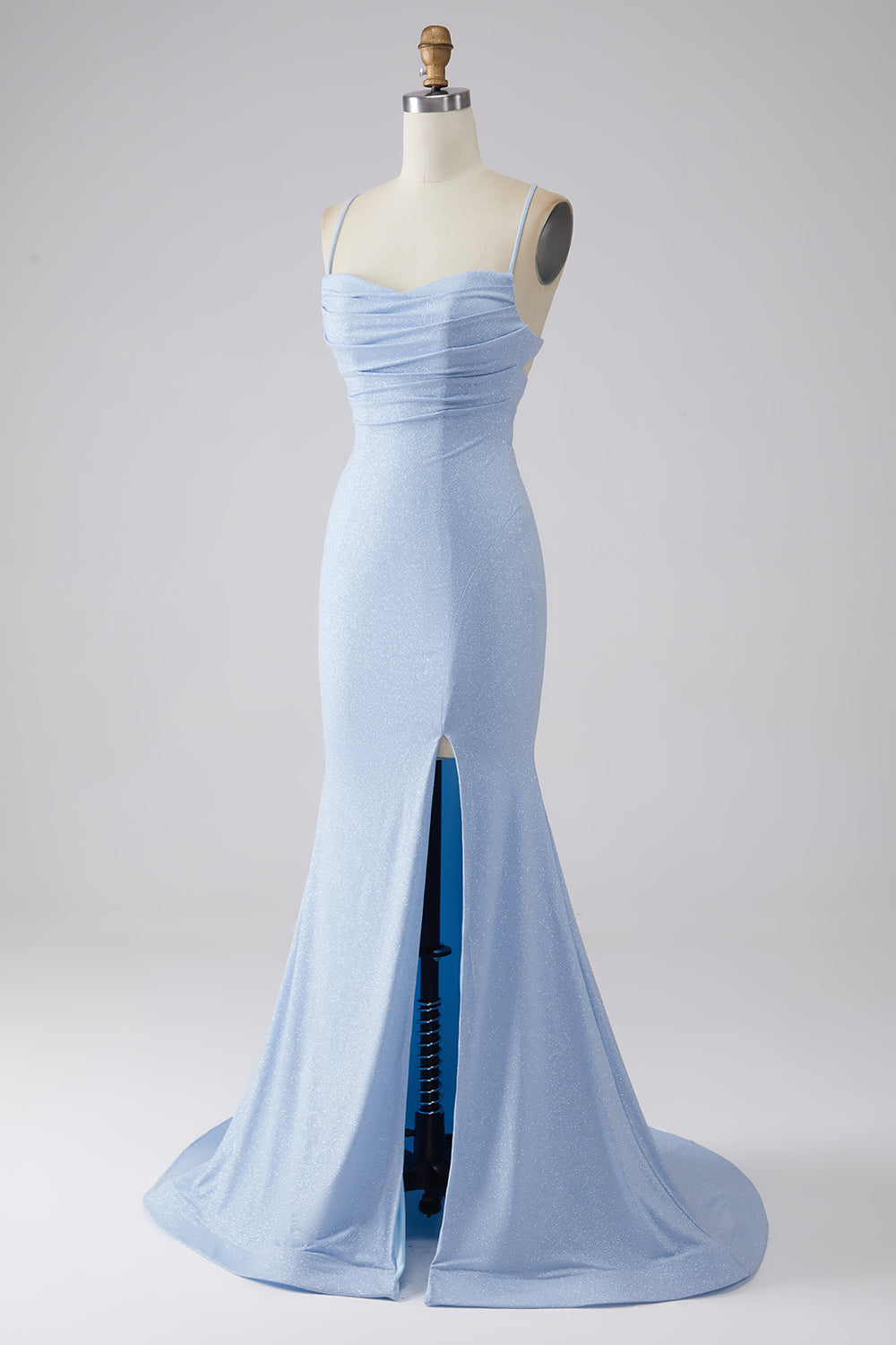 Robe de bal sirène fendue bleu clair à paillettes