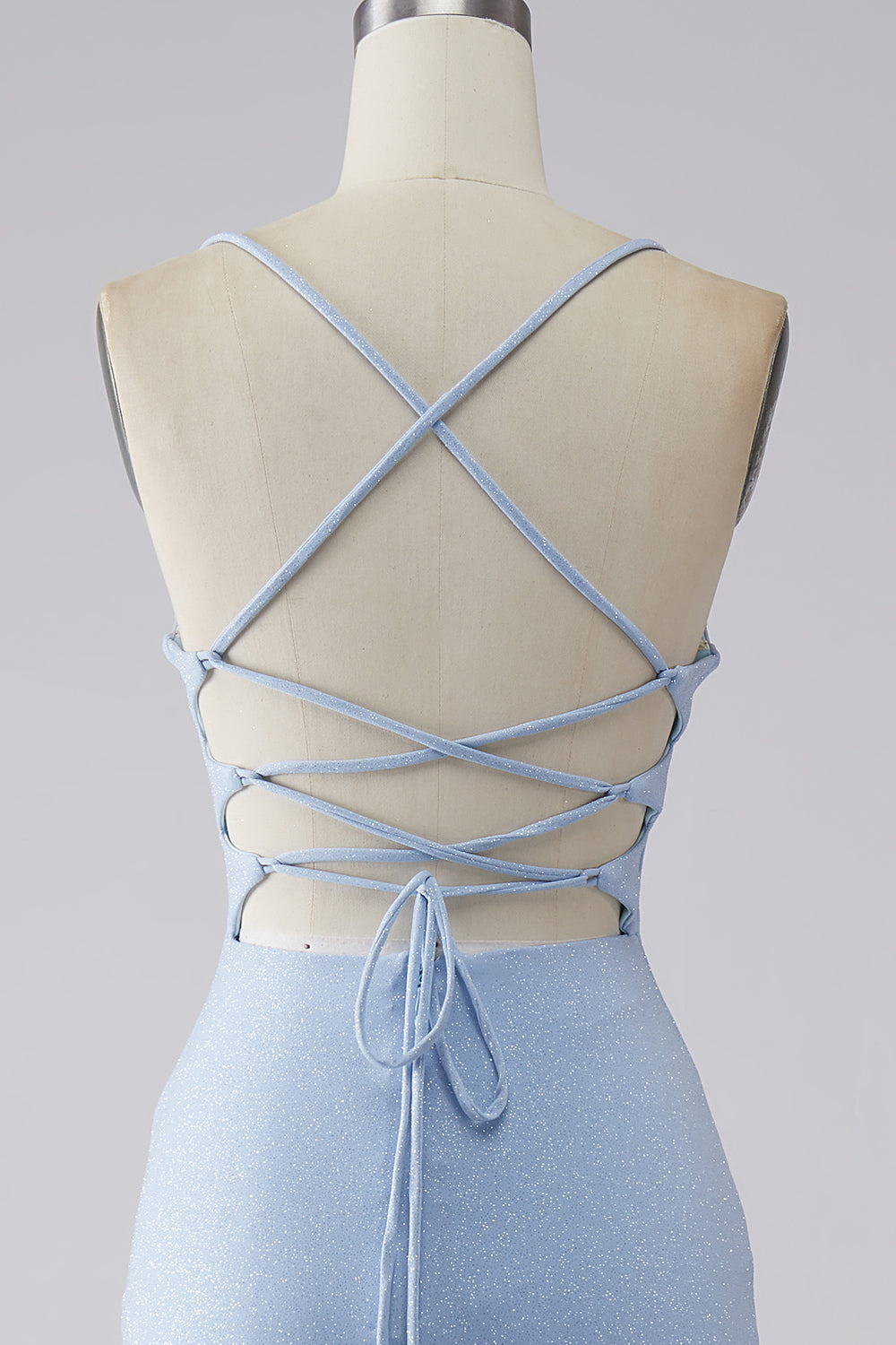 Robe de bal sirène fendue bleu clair à paillettes