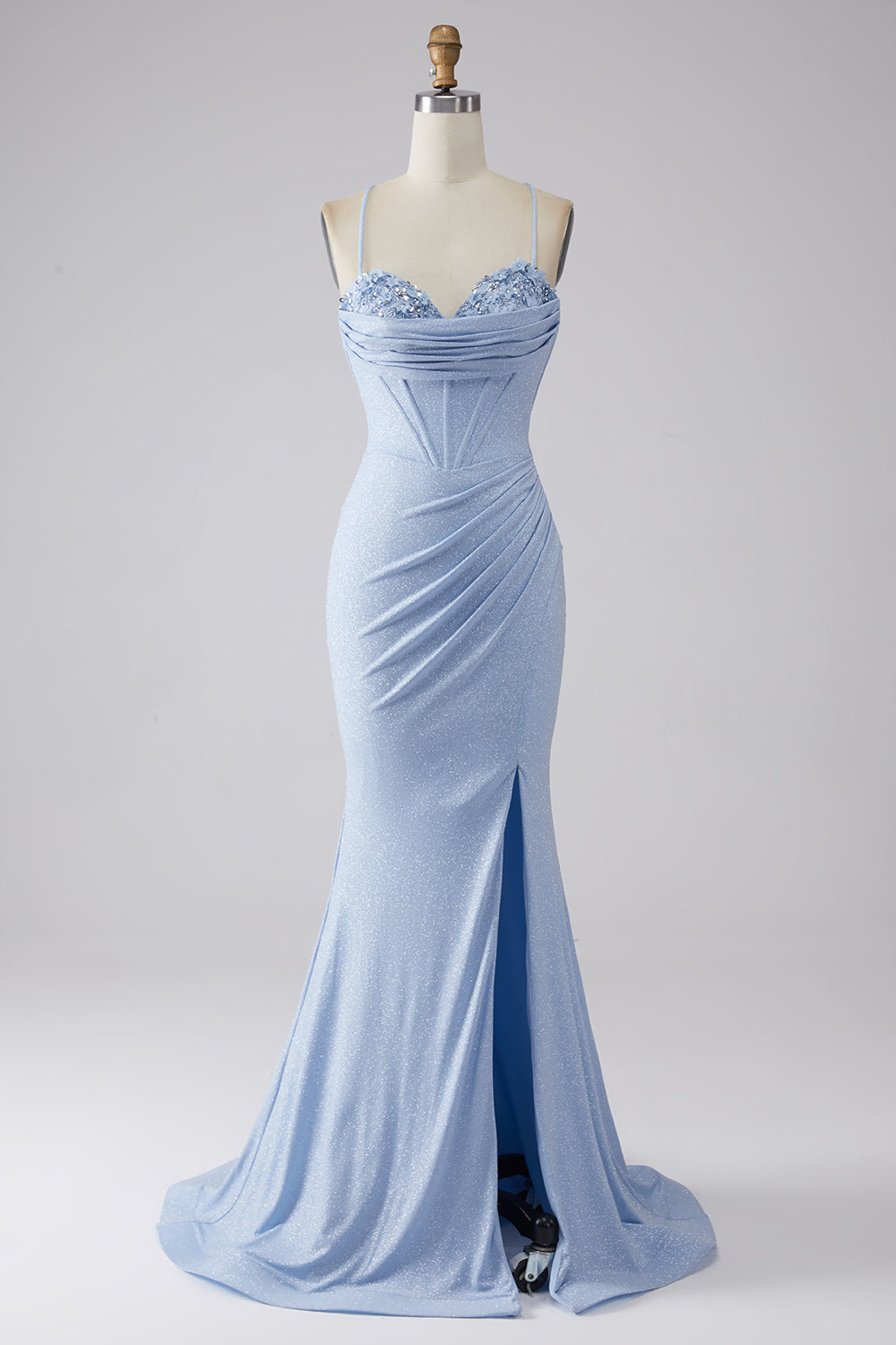 Robe de bal sirène bleu clair pailletée avec fente