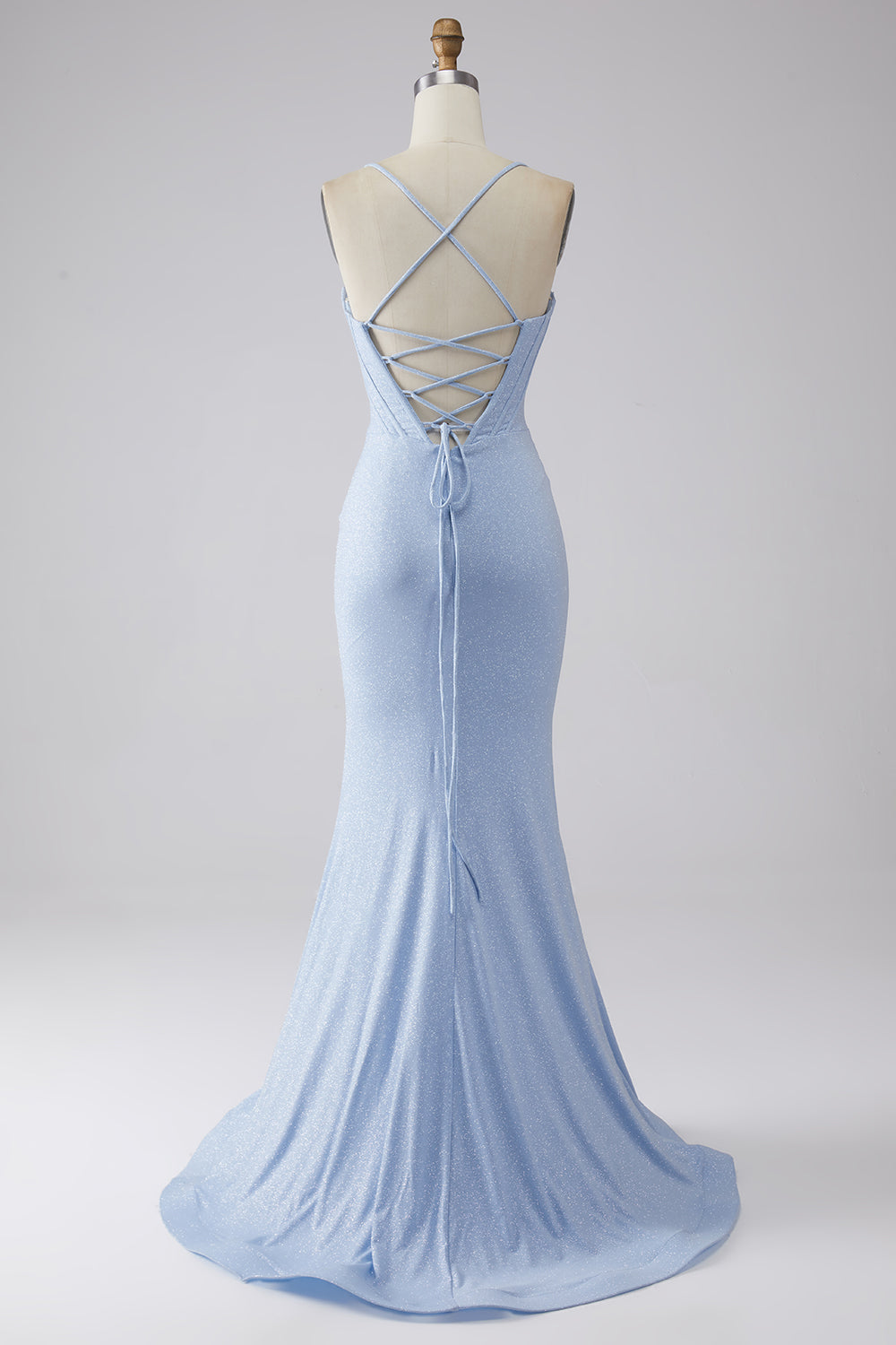 Robe de bal sirène bleu clair pailletée avec fente