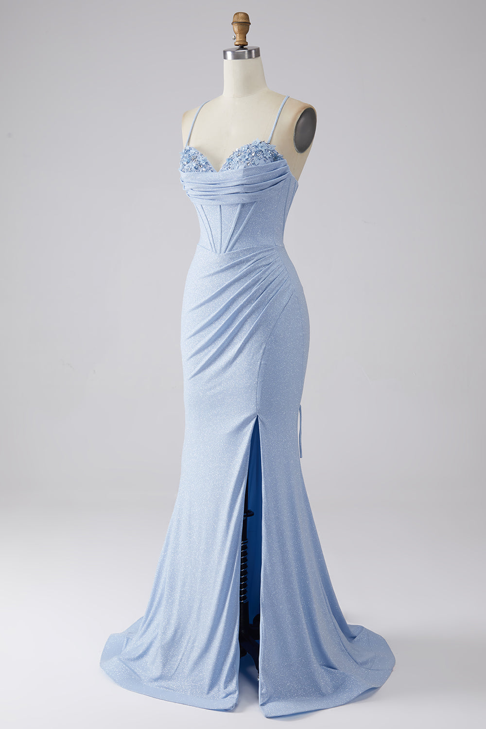 Robe de bal sirène bleu clair pailletée avec fente