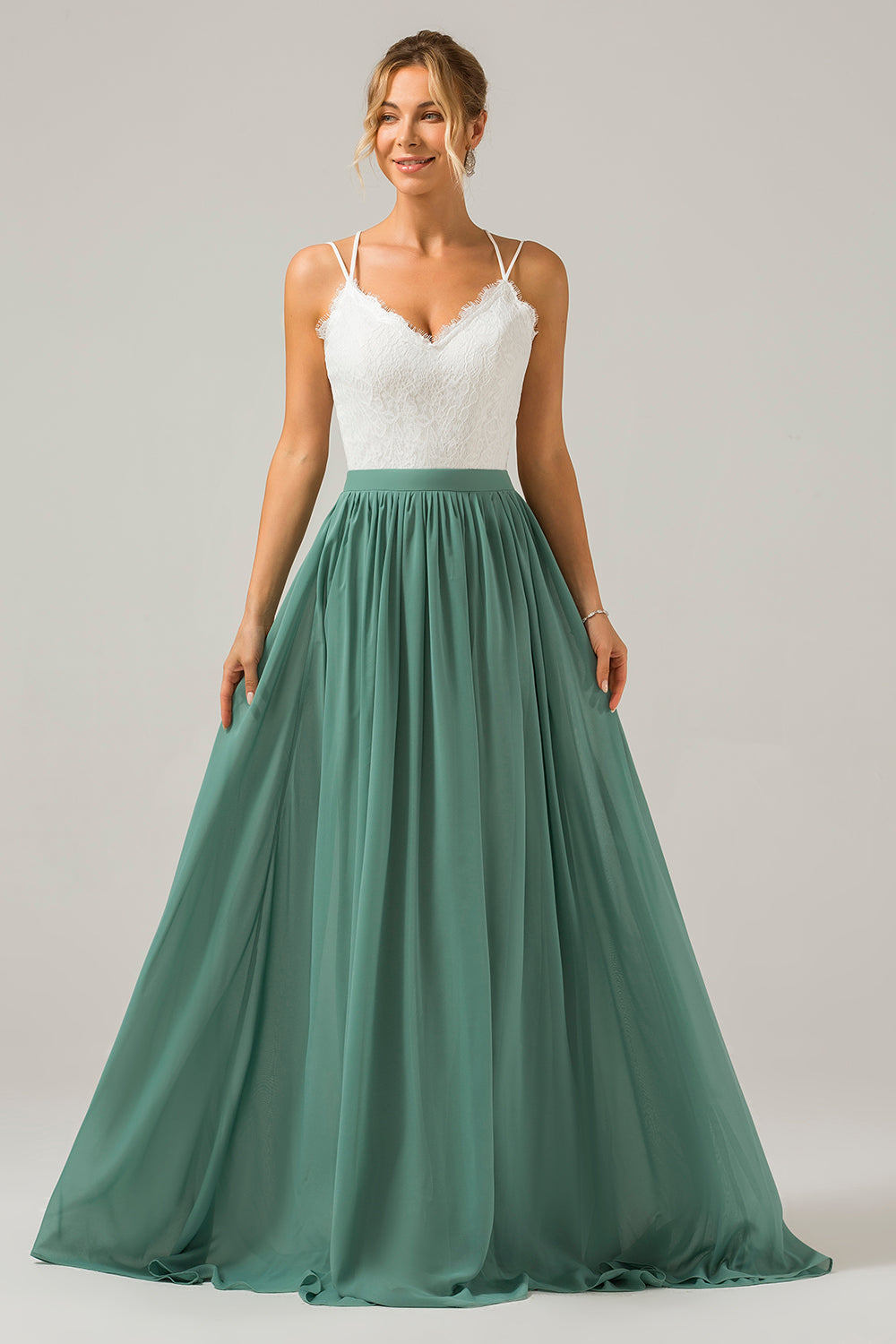 Robe longue de demoiselle d'honneur en mousseline de soie à dos ouvert, style bohème, couleur eucalyptus, avec dentelle