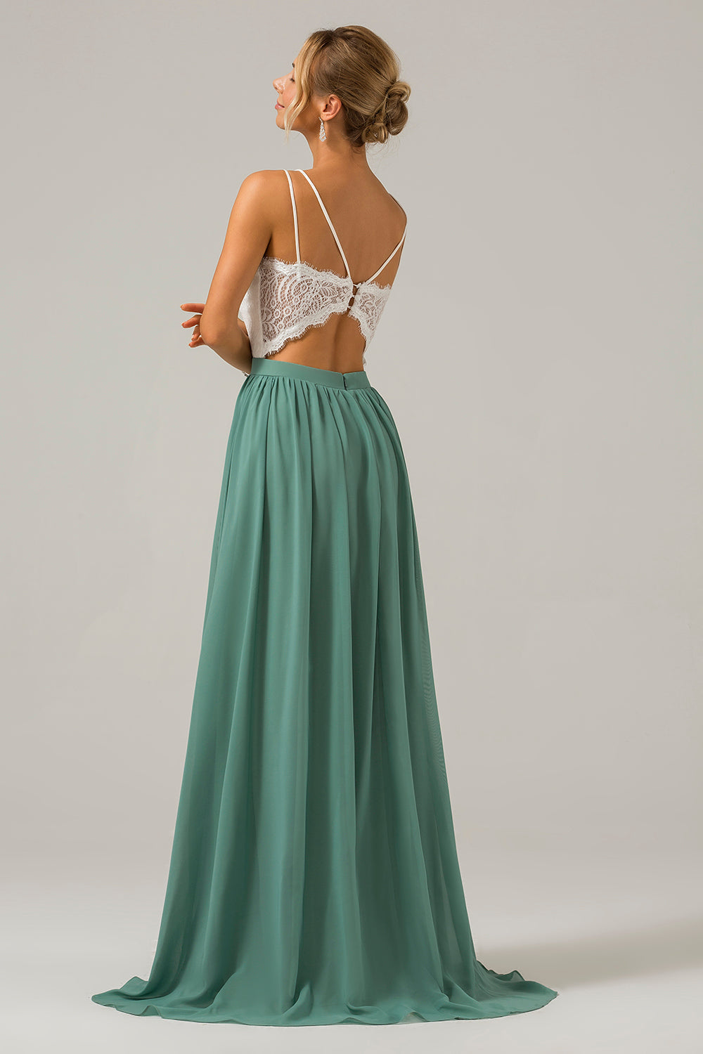 Robe longue de demoiselle d'honneur en mousseline de soie à dos ouvert, style bohème, couleur eucalyptus, avec dentelle