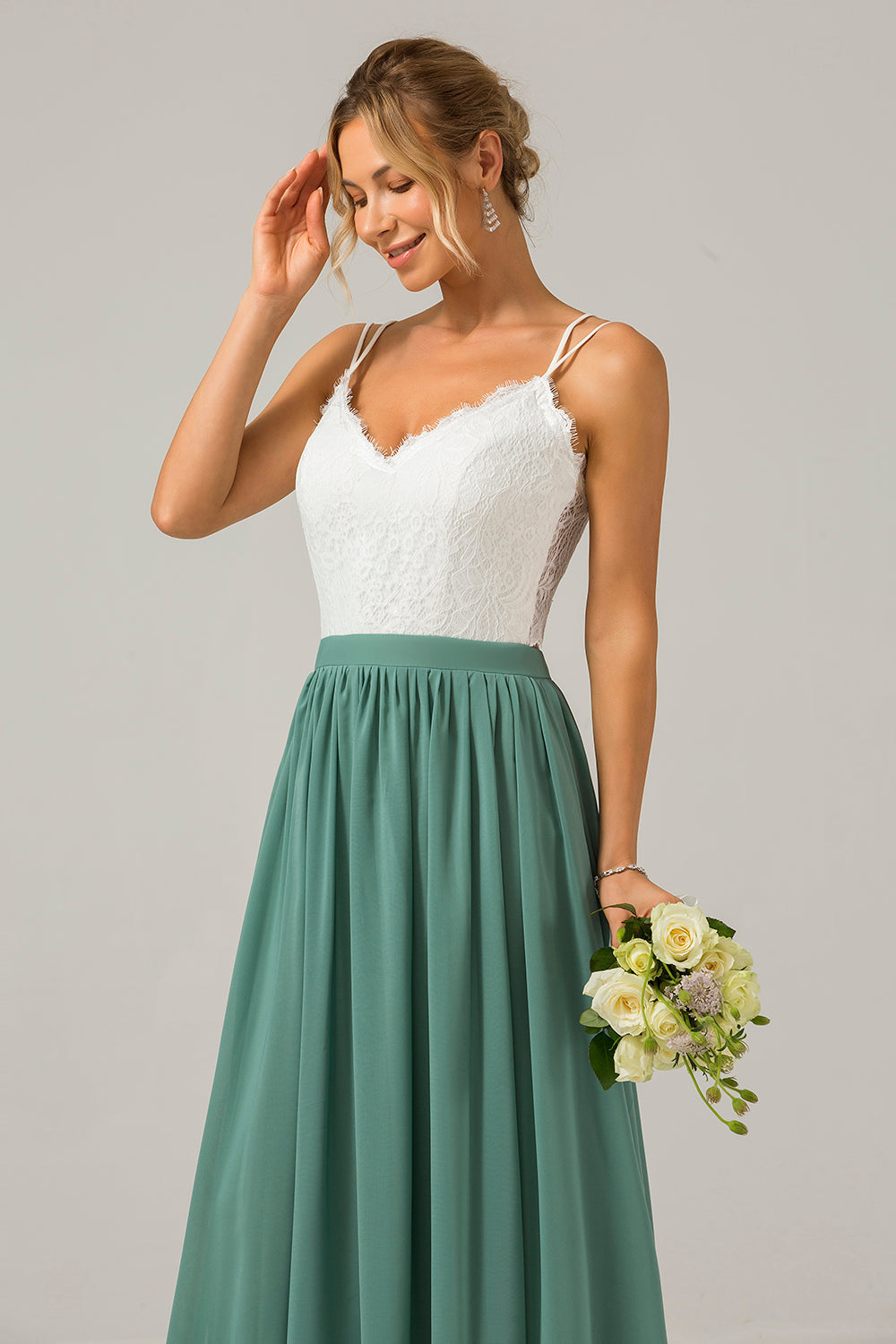 Robe longue de demoiselle d'honneur en mousseline de soie à dos ouvert, style bohème, couleur eucalyptus, avec dentelle