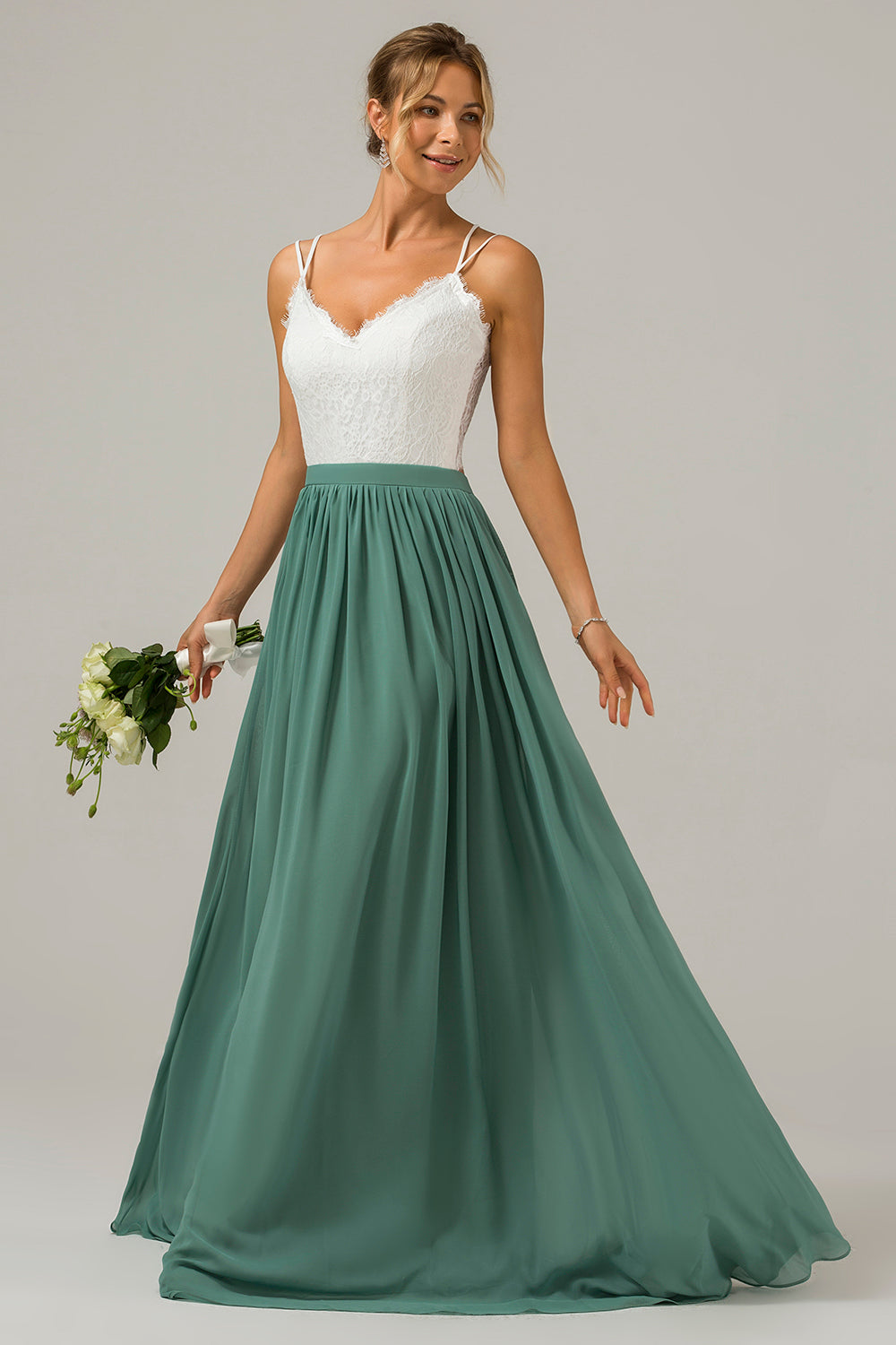 Robe longue de demoiselle d'honneur en mousseline de soie à dos ouvert, style bohème, couleur eucalyptus, avec dentelle