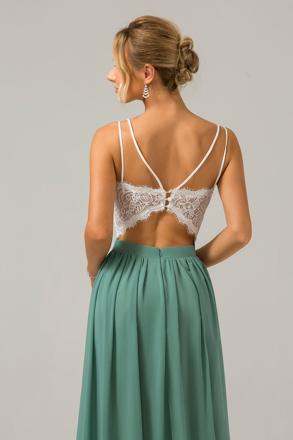 Robe longue de demoiselle d'honneur en mousseline de soie à dos ouvert, style bohème, couleur eucalyptus, avec dentelle