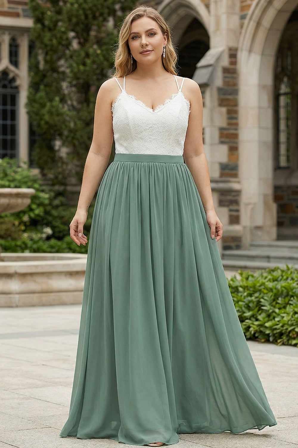 Robe Trapèze en Mousseline de Soie Eucalyptus Grande Taille avec Dentelle pour Mère de la Mariée