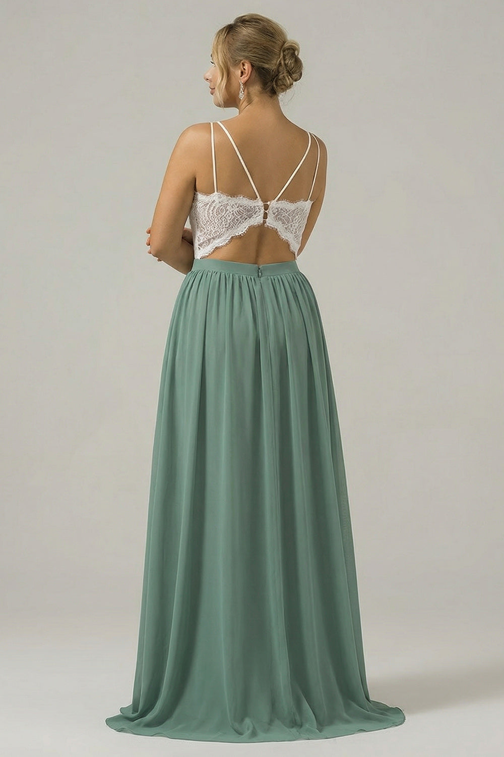 Robe longue de demoiselle d'honneur en mousseline de soie à dos ouvert, style bohème, couleur eucalyptus, avec dentelle