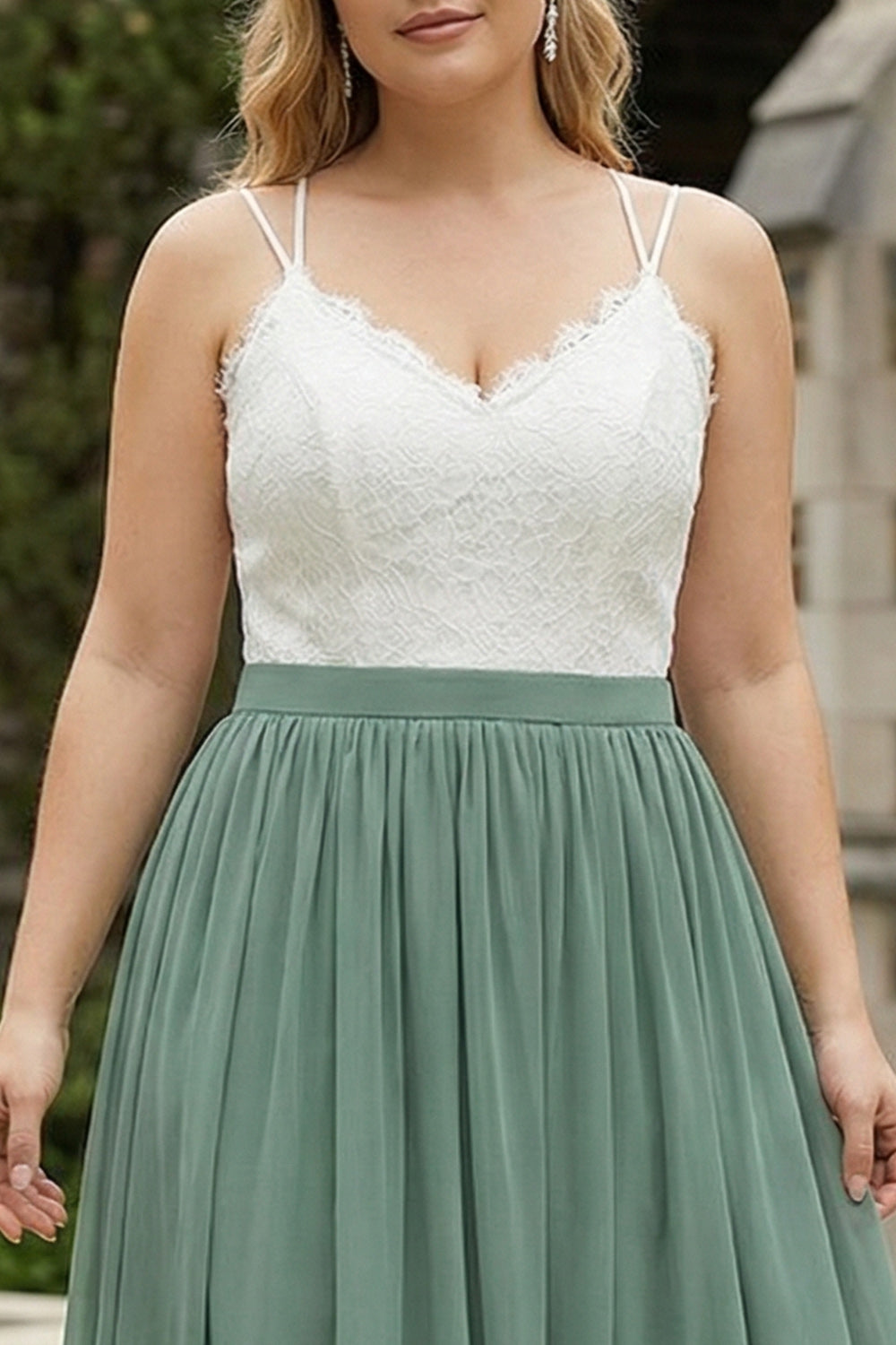 Robe Trapèze en Mousseline de Soie Eucalyptus Grande Taille avec Dentelle pour Mère de la Mariée