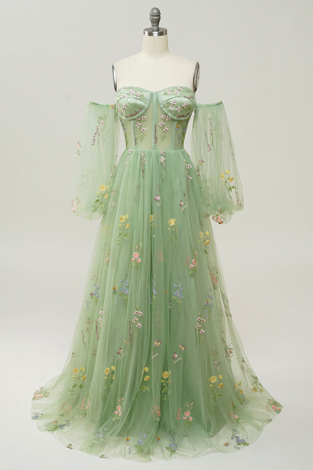 Green Off-the-Shoulder Long-Sleeve A-Line Prom Dress