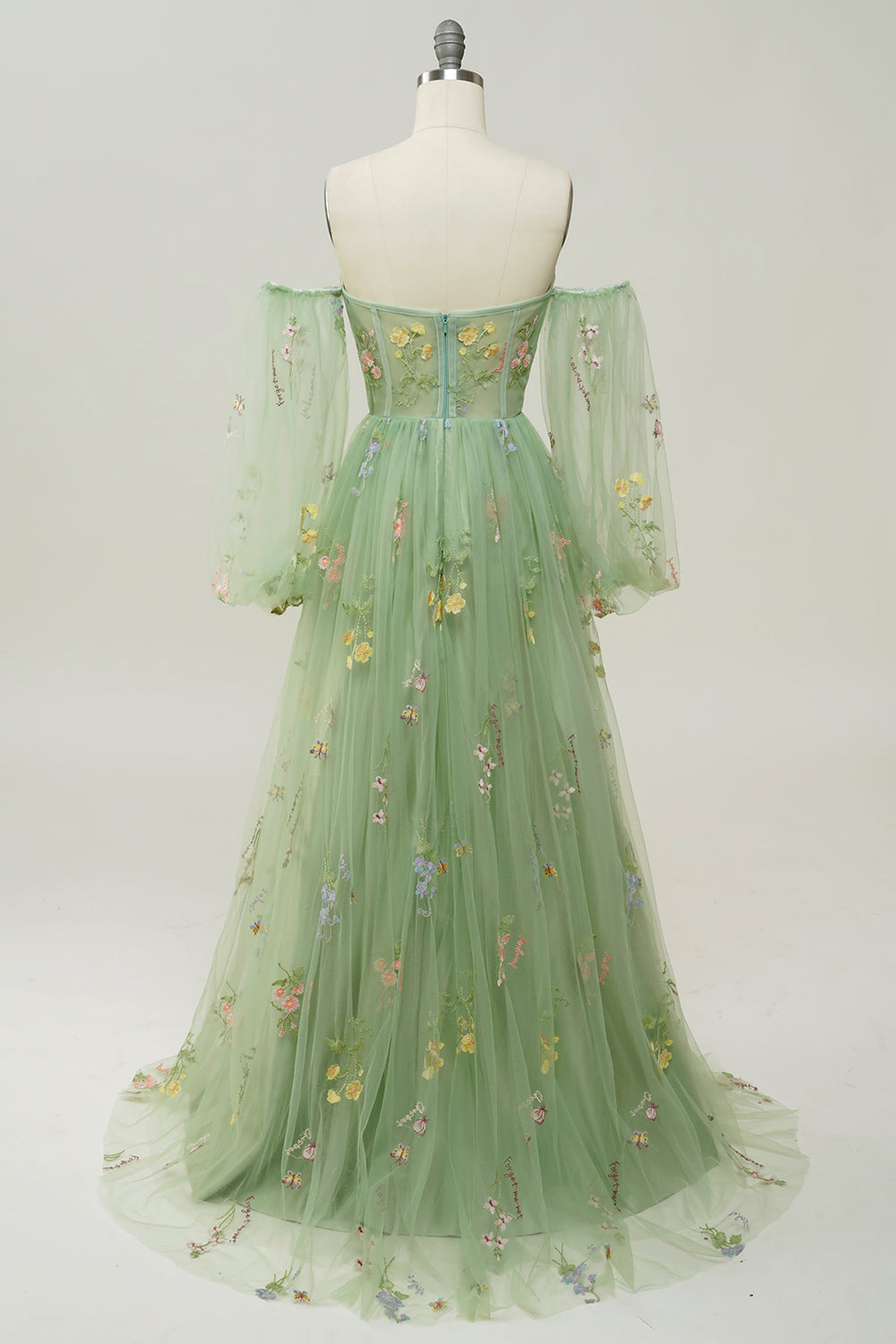 Green Off-the-Shoulder Long-Sleeve A-Line Prom Dress