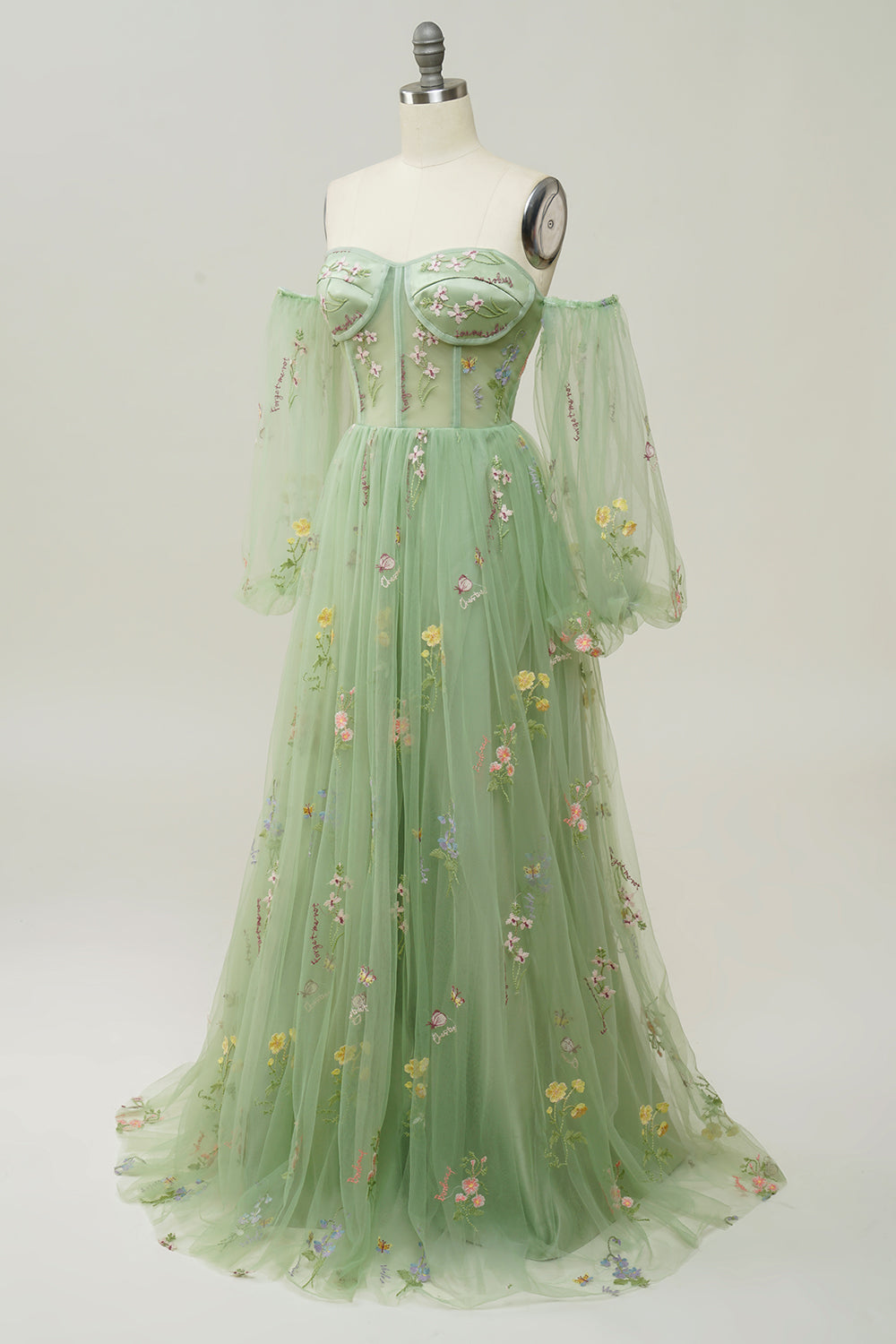 Green Off-the-Shoulder Long-Sleeve A-Line Prom Dress