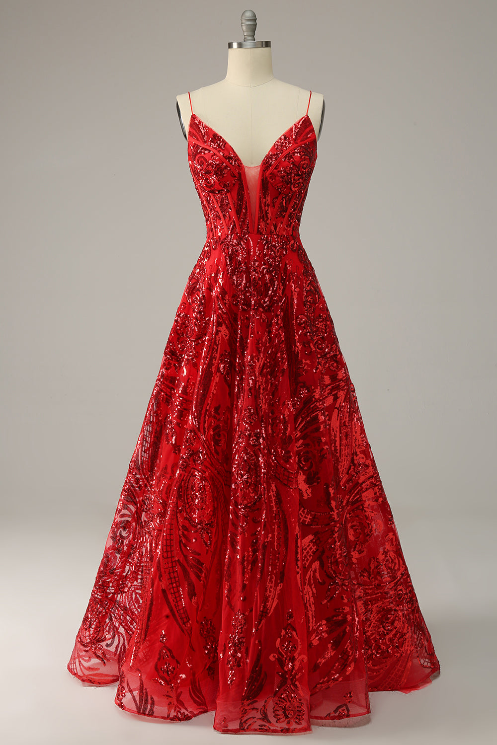 Robe de bal grande taille bordeaux trapèze à fines bretelles et dos croisé