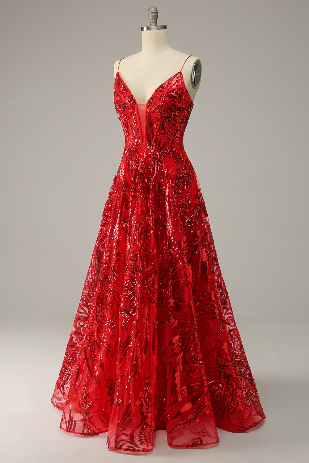 Robe de bal grande taille bordeaux trapèze à fines bretelles et dos croisé