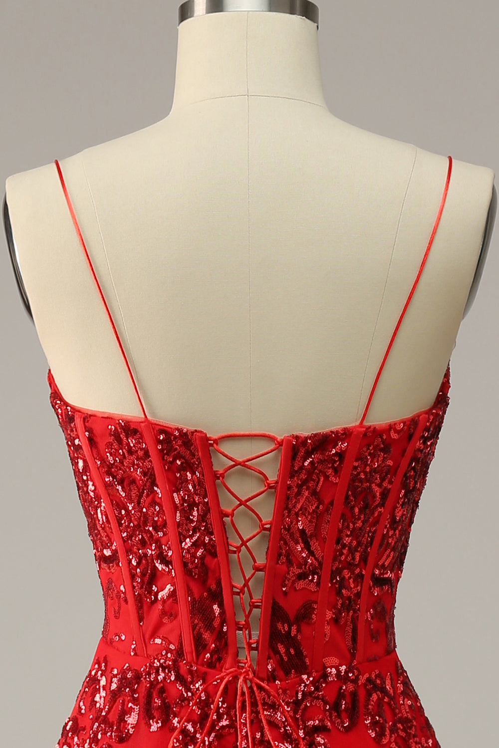 Robe de bal grande taille bordeaux trapèze à fines bretelles et dos croisé