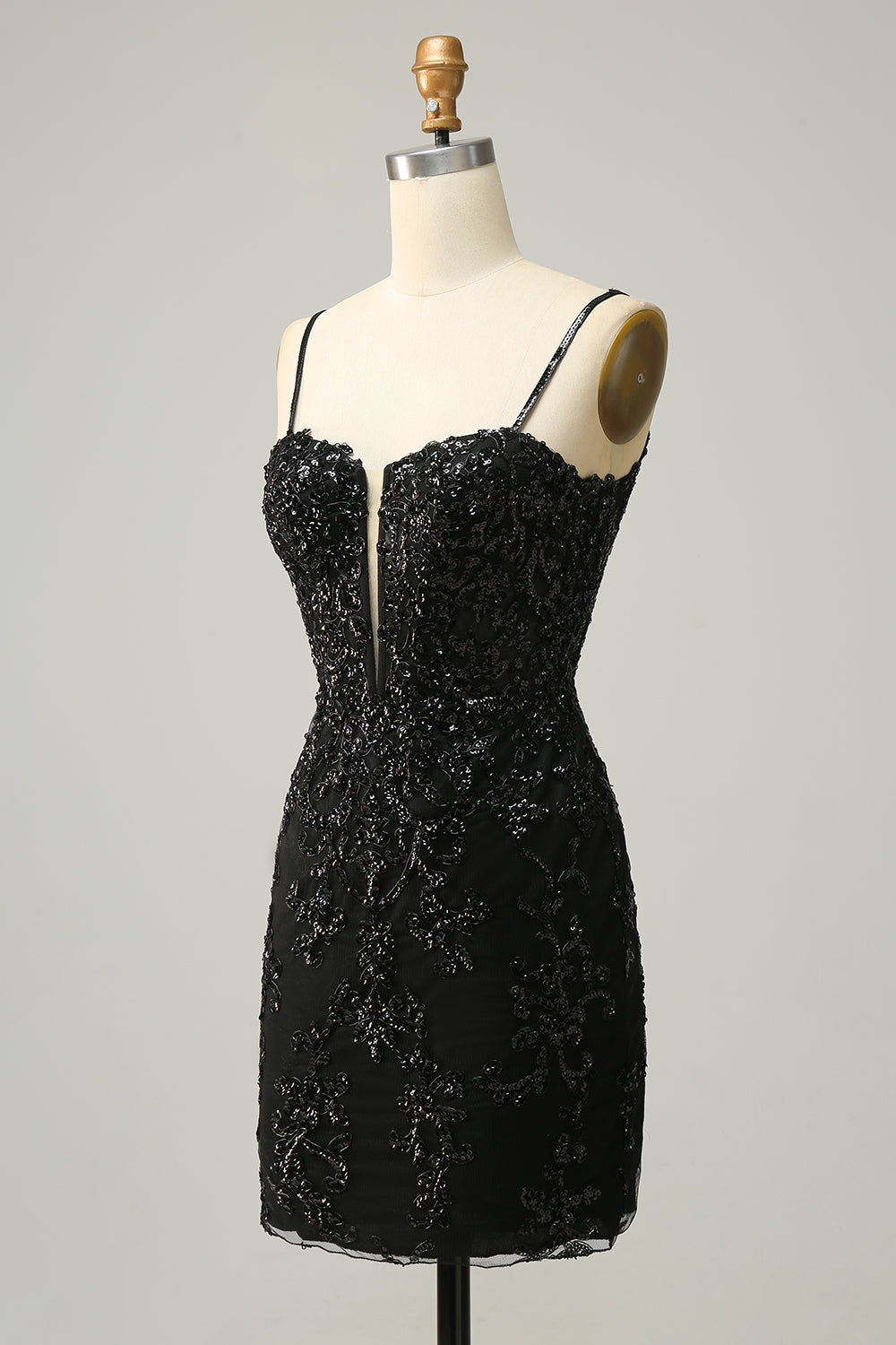 Sparkly Black Corset Sequins Tight Graduation Dress with Lace