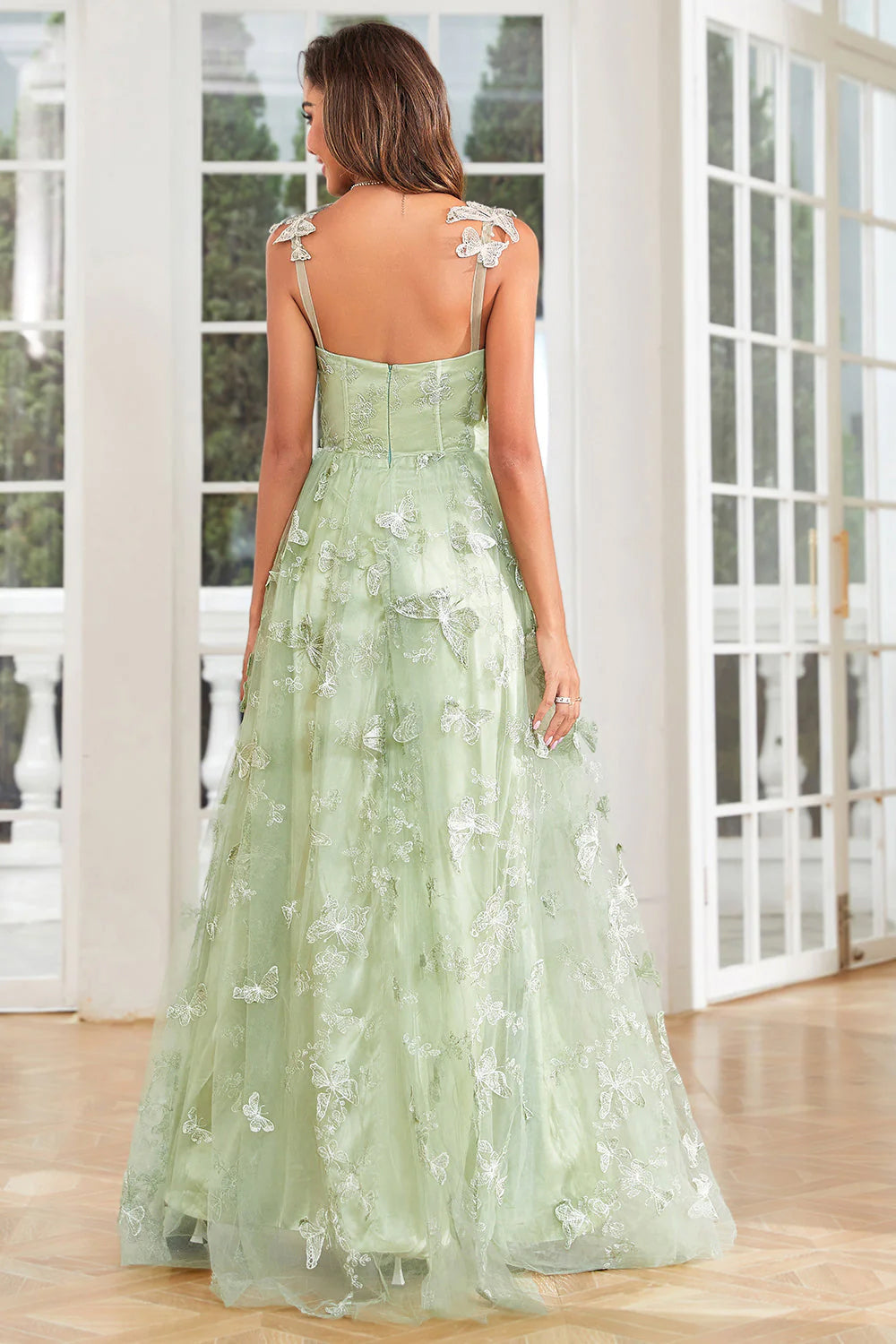 Purple A-Line Square Neck Corset Long Prom Dress with 3D Butterflies