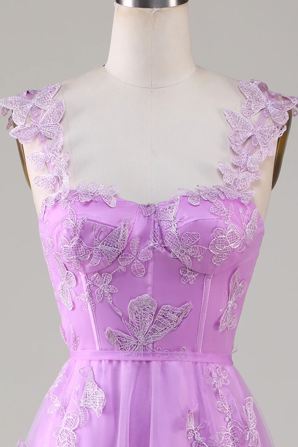 Purple A-Line Square Neck Corset Long Prom Dress with 3D Butterflies