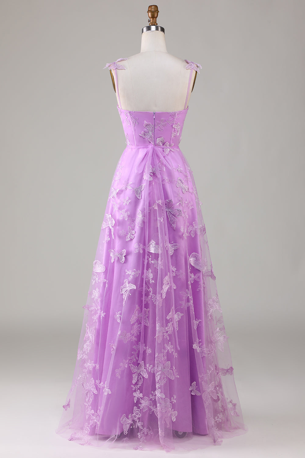 Purple A-Line Square Neck Corset Long Prom Dress with 3D Butterflies