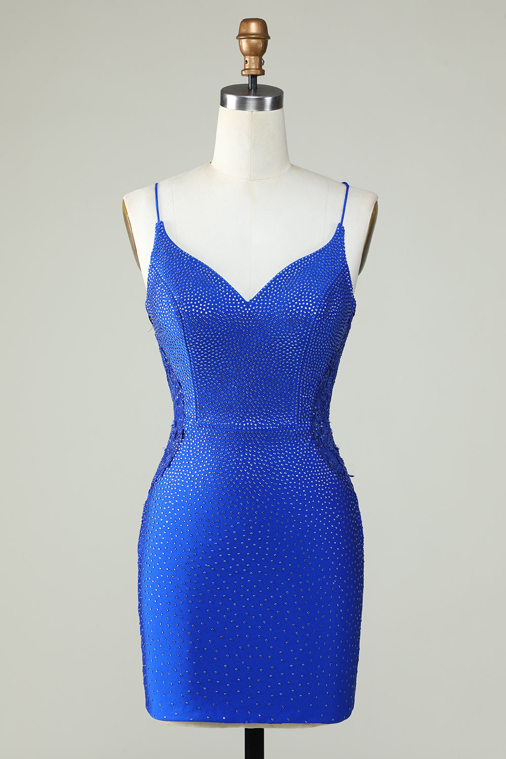 Fourreau Bretelles Spaghetti Bleu Royal Courte Robe de Bal avec Perles