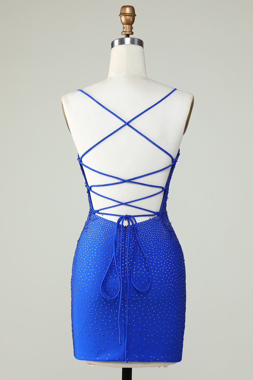 Fourreau Bretelles Spaghetti Bleu Royal Courte Robe de Bal avec Perles