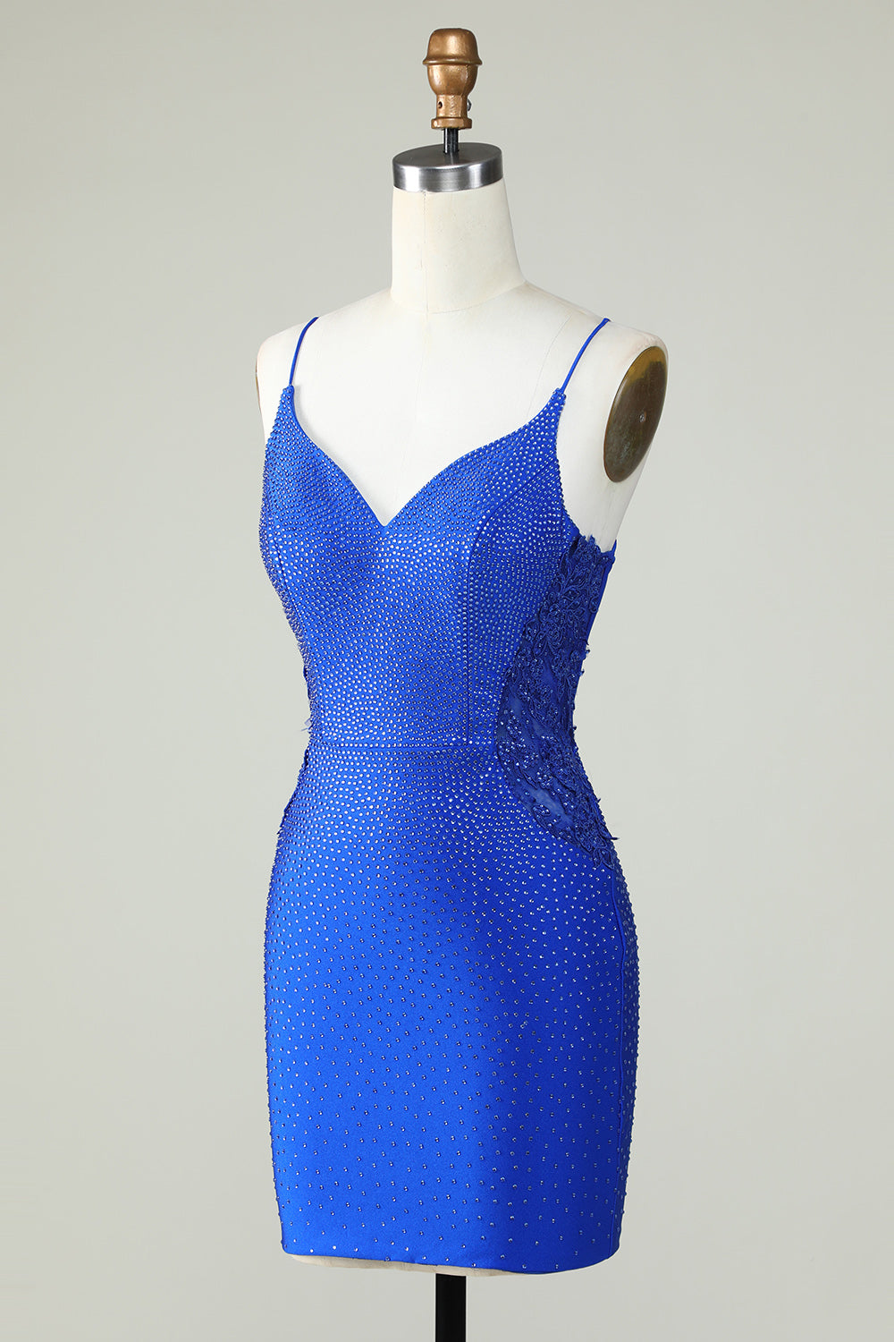 Fourreau Bretelles Spaghetti Bleu Royal Courte Robe de Bal avec Perles