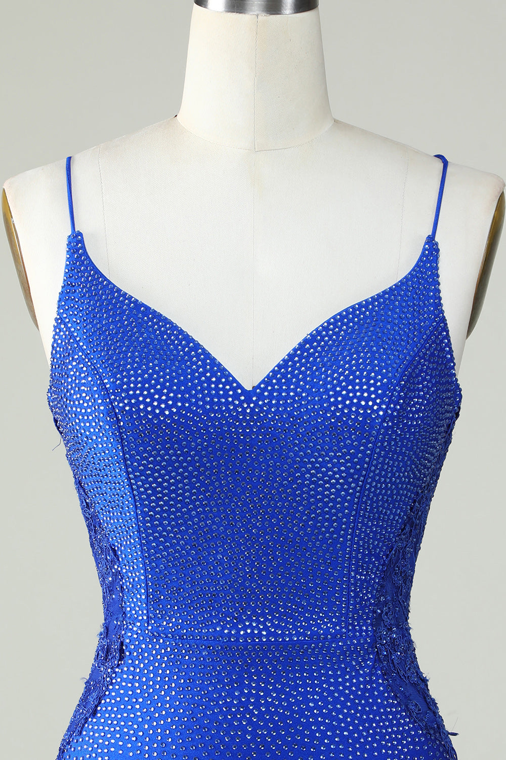 Fourreau Bretelles Spaghetti Bleu Royal Courte Robe de Bal avec Perles