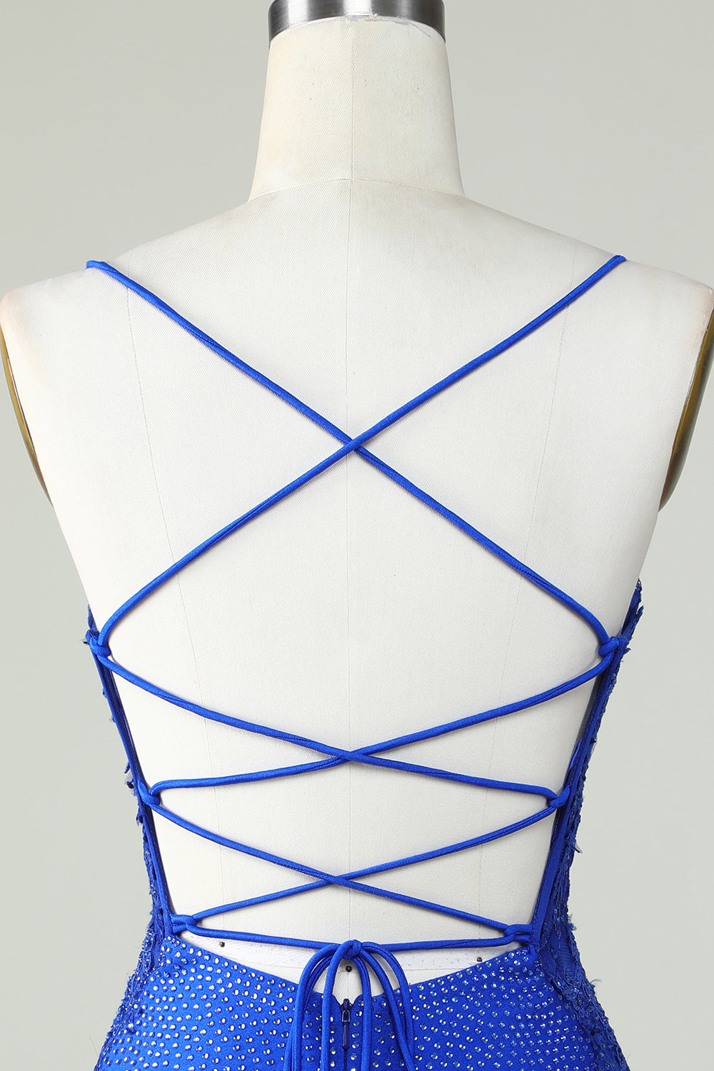 Fourreau Bretelles Spaghetti Bleu Royal Courte Robe de Bal avec Perles