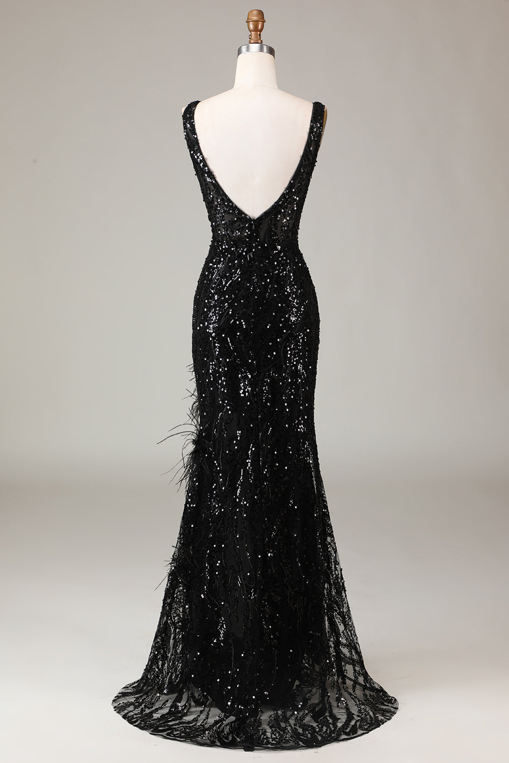 Robe de bal sirène noire scintillante à décolleté en V profond avec plumes