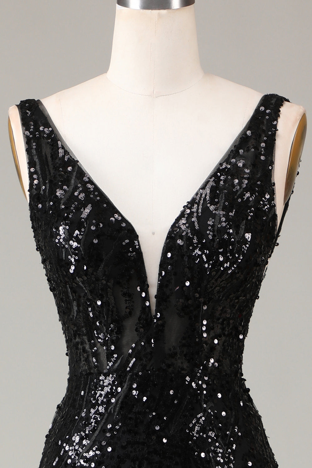 Robe de bal sirène noire scintillante à décolleté en V profond avec plumes