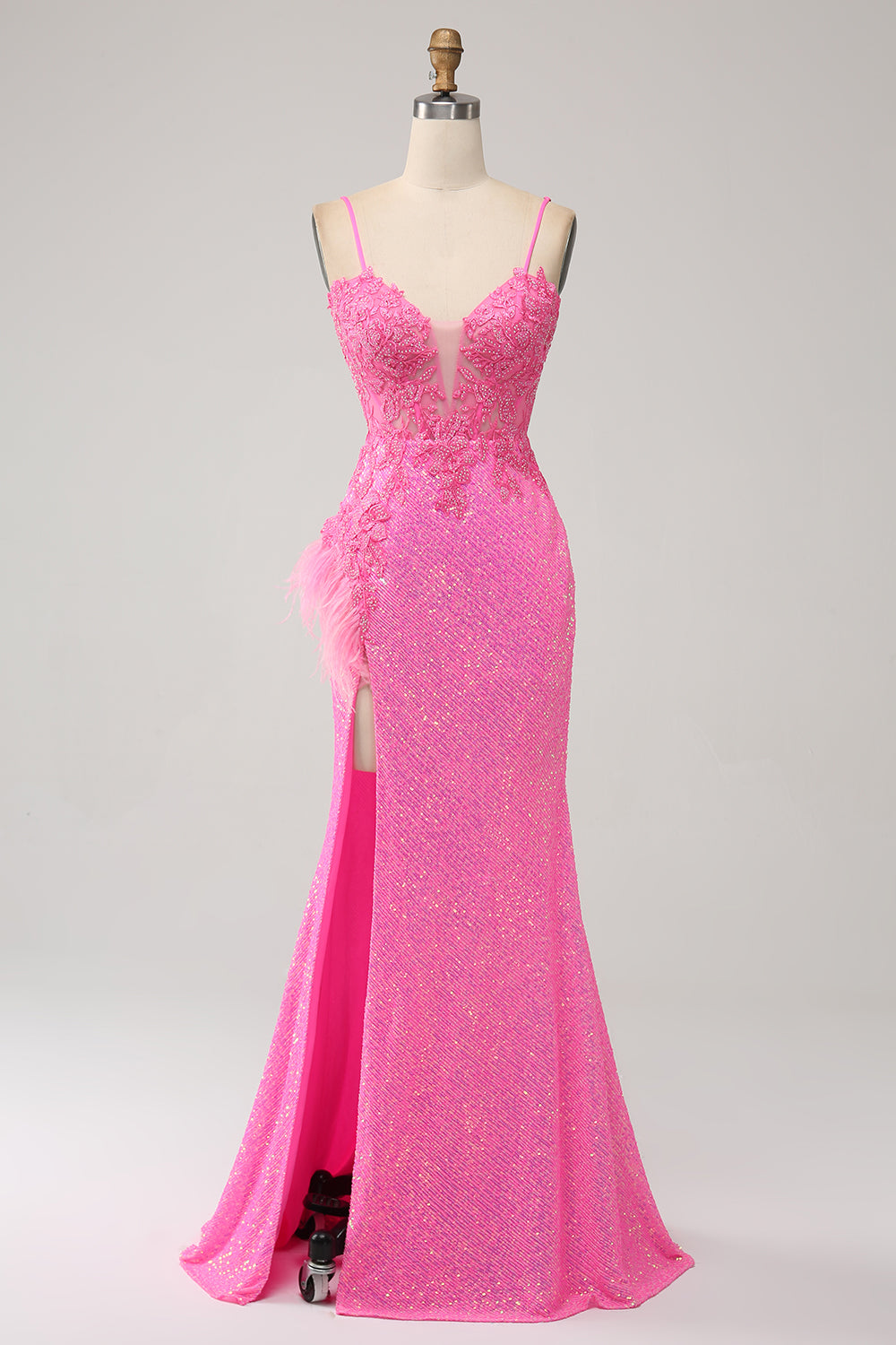Robe De Bal Longue Sirène Tendance Bretelles Spaghetti Rose Paillettes et Appliques
