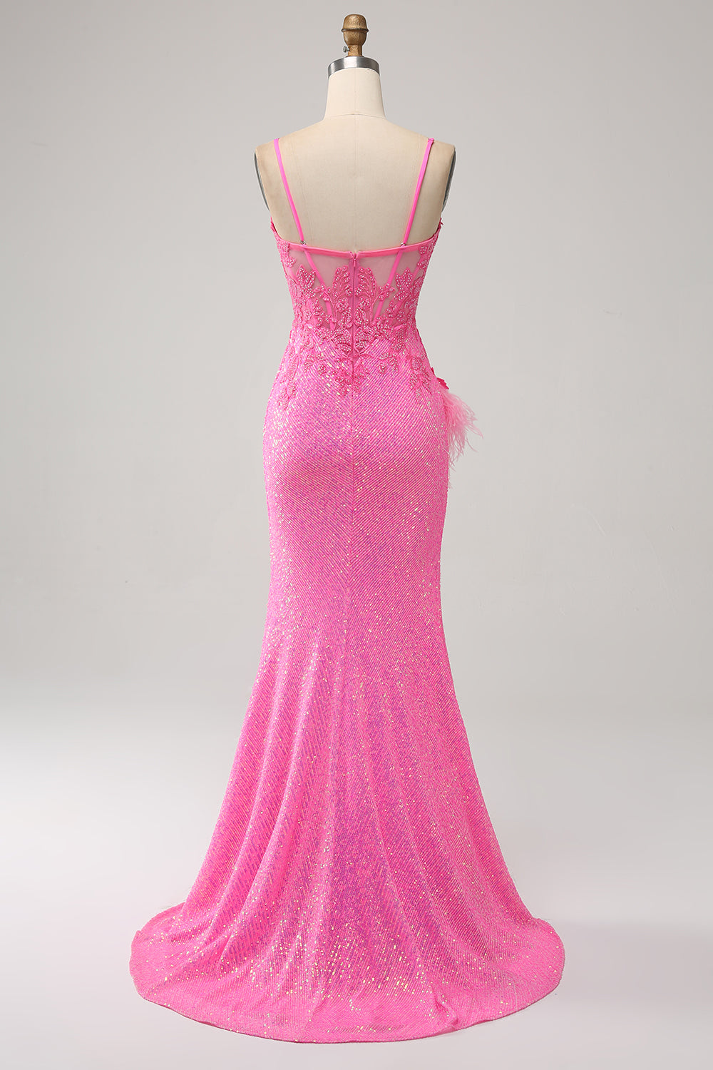 Robe De Bal Longue Sirène Tendance Bretelles Spaghetti Rose Paillettes et Appliques