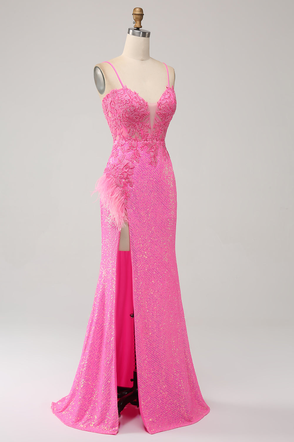 Robe De Bal Longue Sirène Tendance Bretelles Spaghetti Rose Paillettes et Appliques