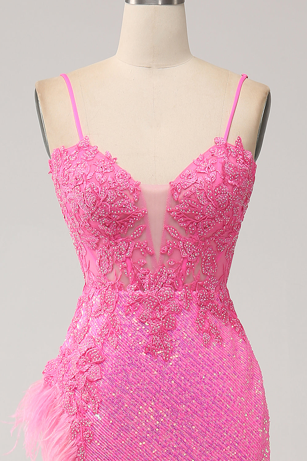 Robe De Bal Longue Sirène Tendance Bretelles Spaghetti Rose Paillettes et Appliques