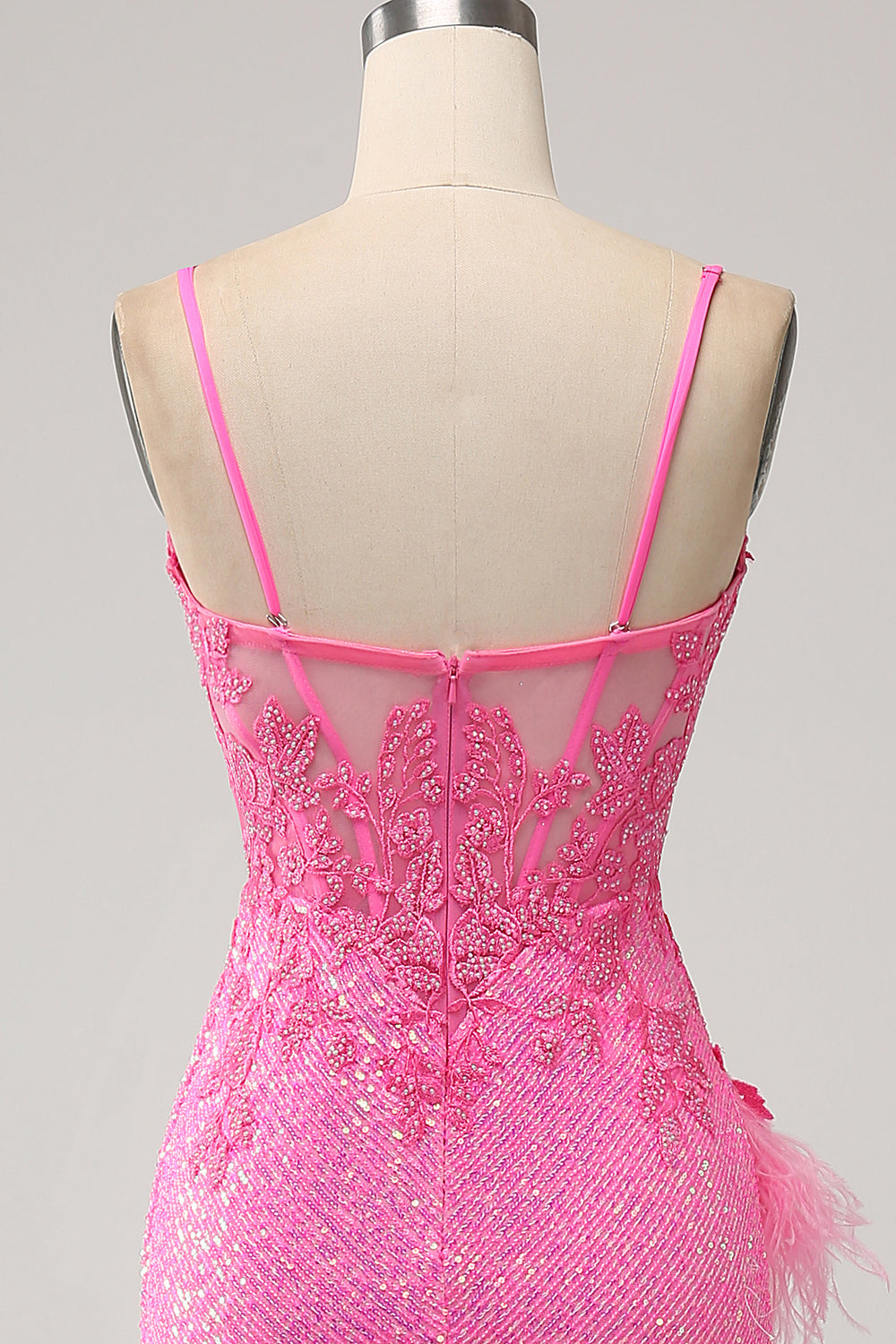 Robe De Bal Longue Sirène Tendance Bretelles Spaghetti Rose Paillettes et Appliques