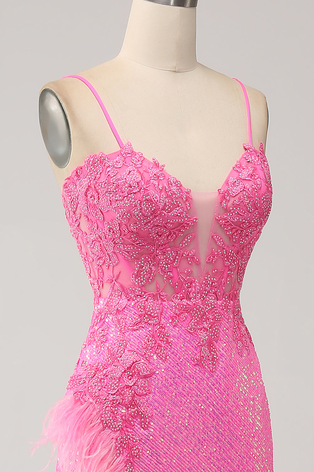 Robe De Bal Longue Sirène Tendance Bretelles Spaghetti Rose Paillettes et Appliques