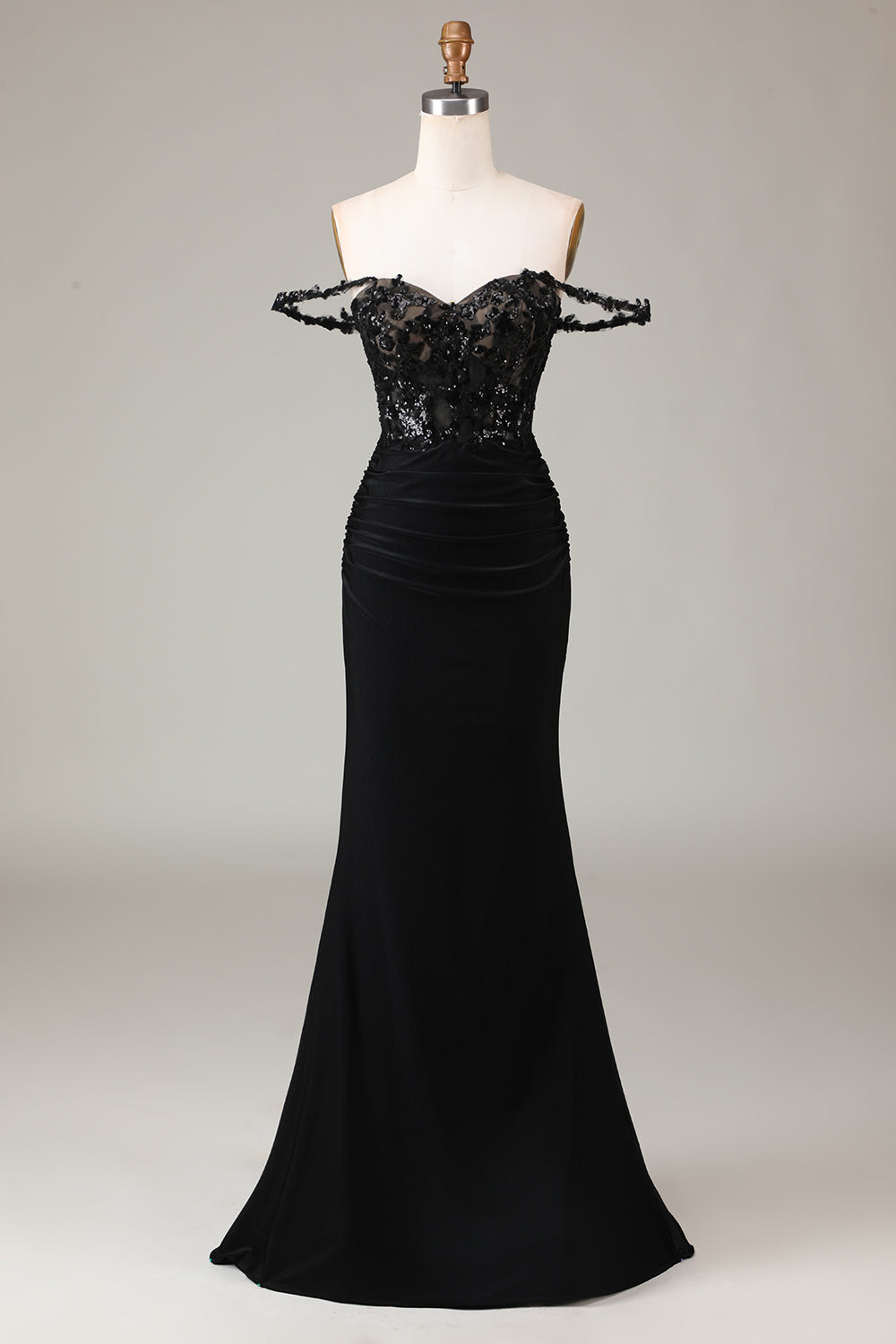 Robe de bal sirène noire scintillante à épaules dénudées