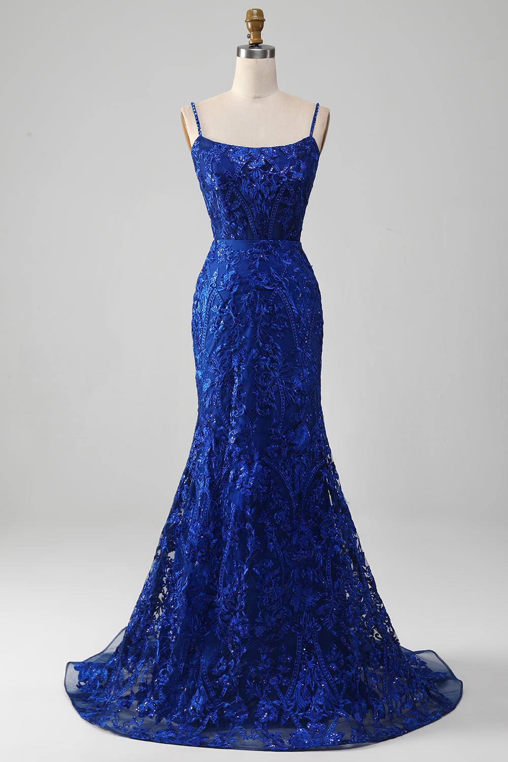 Robe de bal longue sirène bleu roi pailletée à bretelles spaghetti avec applications